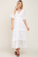 White Button-Down Front Ruffle Tiered Maxi Dress