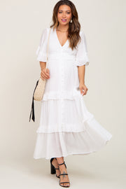 White Button-Down Front Ruffle Tiered Maternity Maxi Dress