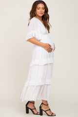 White Button-Down Front Ruffle Tiered Maternity Maxi Dress