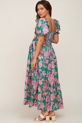 Teal Floral Square Neck Smocked Maternity Midi Dress