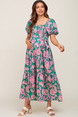 Teal Floral Square Neck Smocked Maternity Midi Dress