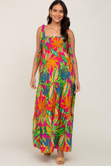 Fuchsia Tropical Print Smocked Tie Sleeve Maternity Maxi Dress