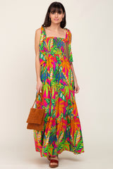 Fuchsia Tropical Print Smocked Tie Sleeve Maxi Dress