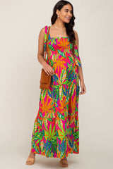 Fuchsia Tropical Print Smocked Tie Sleeve Maternity Maxi Dress