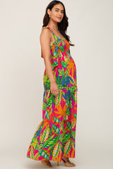 Fuchsia Tropical Print Smocked Tie Sleeve Maternity Maxi Dress