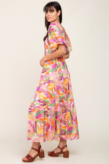 Orange Brush Print Chiffon Square Neck Maxi Dress