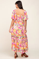 Orange Brush Print Chiffon Square Neck Maxi Dress