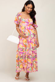 Orange Brush Print Chiffon Square Neck Maternity Maxi Dress