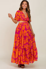 Fuchsia Tropical Floral Side Cutout Tiered Maternity Maxi Dress