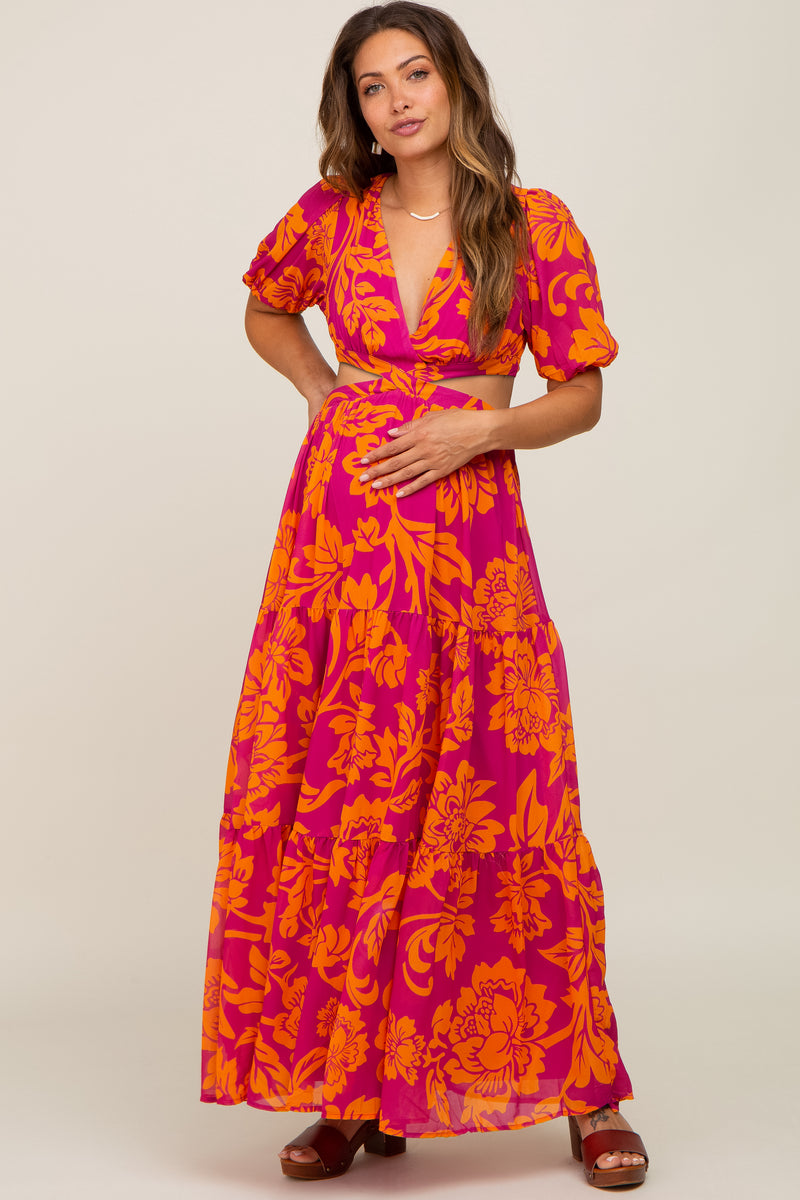 Fuchsia Tropical Floral Side Cutout Tiered Maternity Maxi Dress – PinkBlush