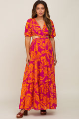 Fuchsia Tropical Floral Side Cutout Tiered Maternity Maxi Dress