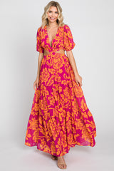 Fuchsia Tropical Floral Side Cutout Tiered Maternity Maxi Dress