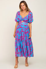 Blue Leaf Print Front Twist Tiered Dress