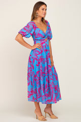 Blue Leaf Print Front Twist Tiered Dress