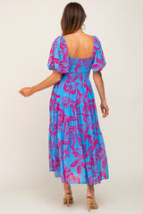 Blue Leaf Print Front Twist Tiered Dress