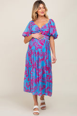 Blue Leaf Print Front Twist Tiered Maternity Dress