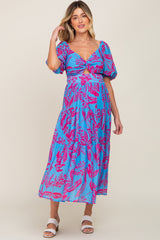 Blue Leaf Print Front Twist Tiered Maternity Dress