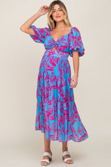 Blue Leaf Print Front Twist Tiered Maternity Dress