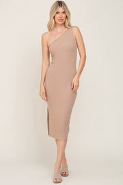 Mocha Ribbed One Shoulder Side Slit Midi Dress