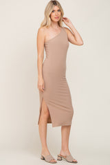 Mocha Ribbed One Shoulder Side Slit Midi Dress