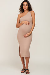 Mocha Ribbed One Shoulder Side Slit Maternity Midi Dress