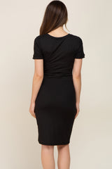 Black Ribbed Ruched Side Wrap Maternity/Nursing Dress