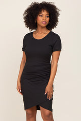 Black Ribbed Ruched Side Wrap Dress