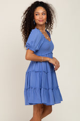 Blue Smocked Tiered Puff Sleeve Dress