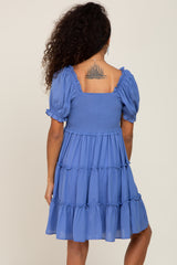 Blue Smocked Tiered Puff Sleeve Dress