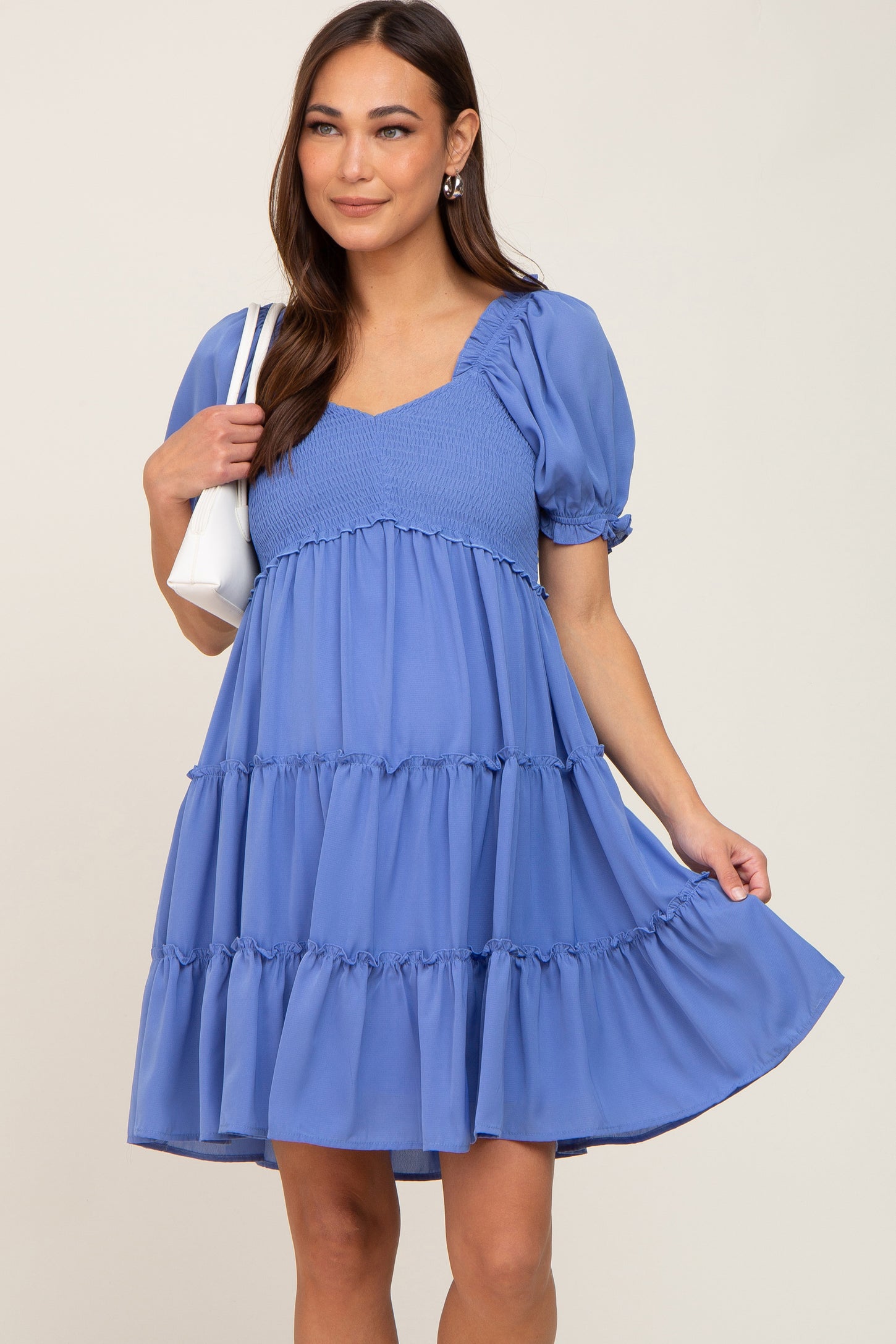 Blue Smocked Tiered Puff Sleeve Maternity Dress– PinkBlush
