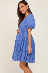 Blue Smocked Tiered Puff Sleeve Maternity Dress