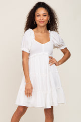 White Smocked Tiered Puff Sleeve Maternity Dress