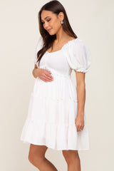 White Smocked Tiered Puff Sleeve Maternity Dress