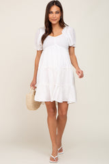 White Smocked Tiered Puff Sleeve Maternity Dress