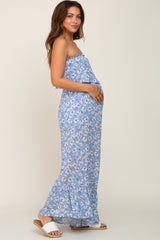 Blue Floral Strapless Ruffle Maternity Jumpsuit