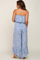 Blue Floral Strapless Ruffle Maternity Jumpsuit