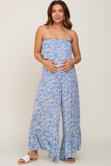 Blue Floral Strapless Ruffle Maternity Jumpsuit