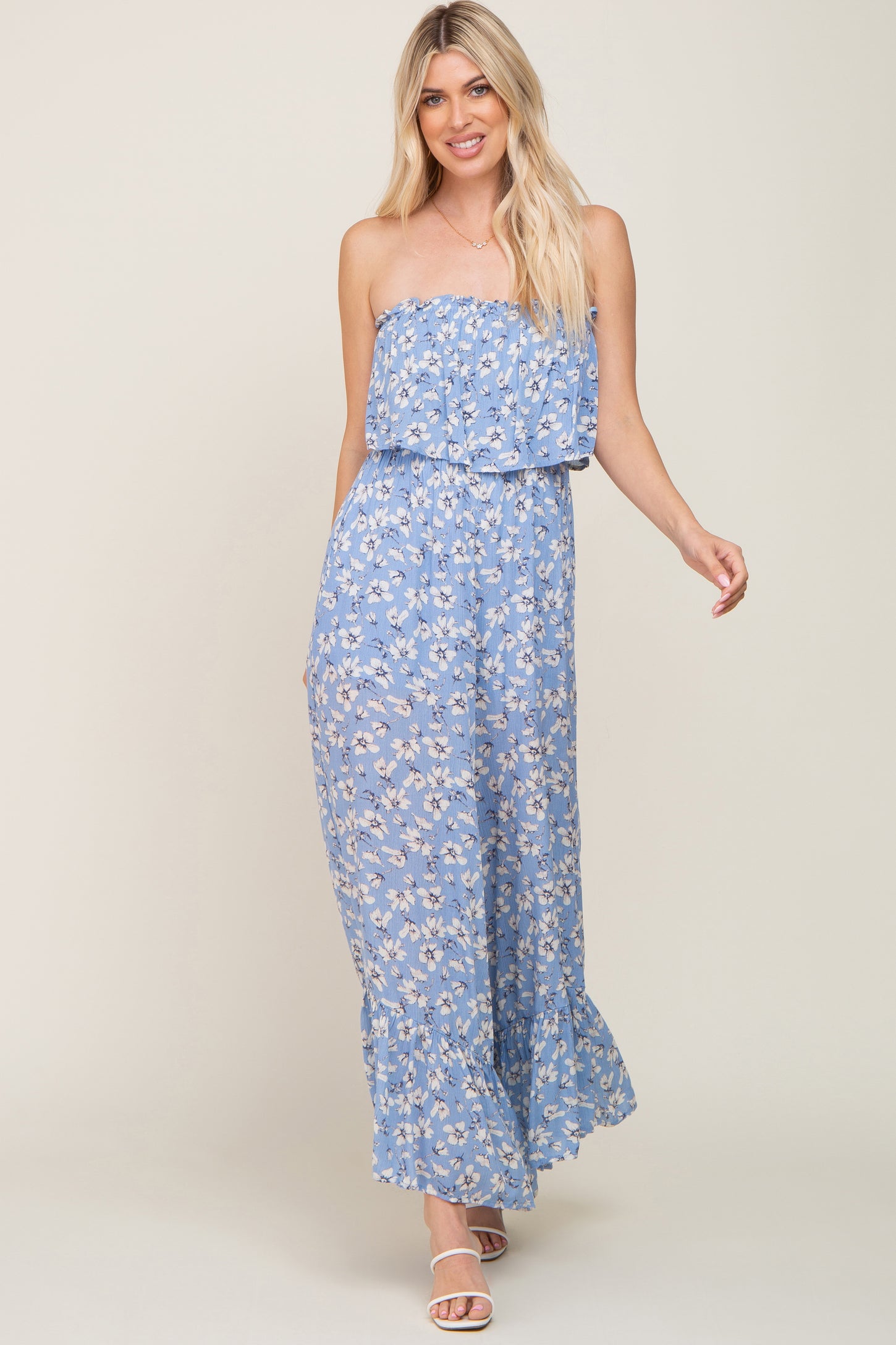 Blue Floral Strapless Ruffle Jumpsuit– PinkBlush