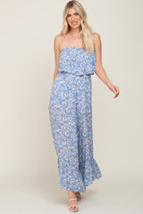 Blue Floral Strapless Ruffle Jumpsuit