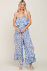 Blue Floral Strapless Ruffle Jumpsuit