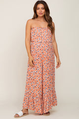 Peach Floral Strapless Ruffle Maternity Jumpsuit