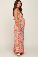 Peach Floral Strapless Ruffle Maternity Jumpsuit