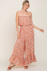 Peach Floral Strapless Ruffle Jumpsuit