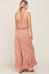 Peach Floral Strapless Ruffle Jumpsuit