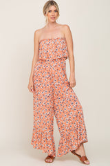 Peach Floral Strapless Ruffle Jumpsuit