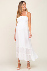 White Smocked Tiered Maternity Midi Dress