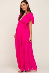 Fuchsia Flounce Button Front Maternity Maxi Dress