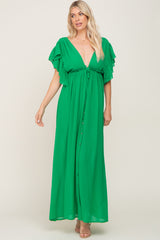 Green Flounce Button Front Maxi Dress