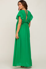 Green Flounce Button Front Maternity Maxi Dress