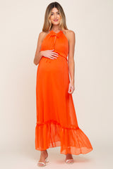 Orange Chiffon Ruffle Accent Halter Maternity Maxi Dress